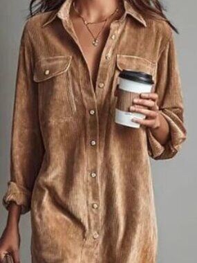 Modesees Corduroy Light Brown Button-Up Long Sleeved Dress